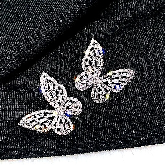 Platinum Butterfly Matching Zircon Necklace Earrings Ring Silver Set - Picture 7 of 11